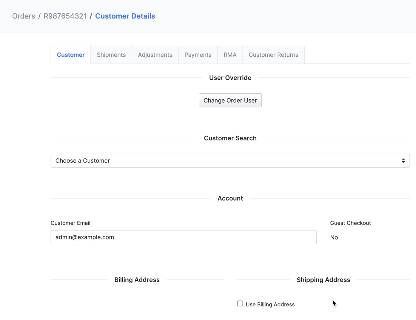 An animated gif demonstrating a modal that changes an order's user in the Solidus Admin