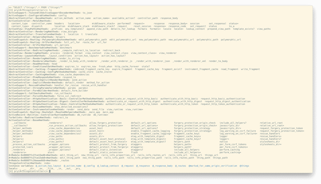 A screenshot of my terminal showing the many methods, constants, and variables available in the ThingsController